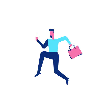 Woohoo Shopping Character che corre con borse della spesa e smartphone  Illustration