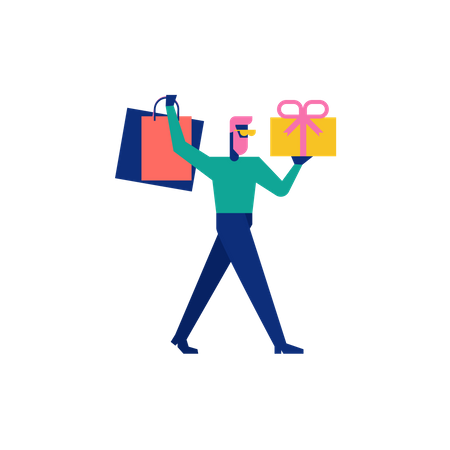 Woohoo Shopping Personaggio ragazzo che tiene scatole regalo e borse della spesa  Illustration