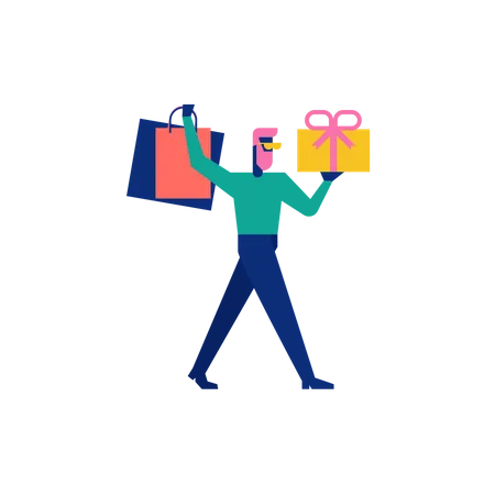 Woohoo Shopping Personaggio ragazzo che tiene scatole regalo e borse della spesa  Illustration