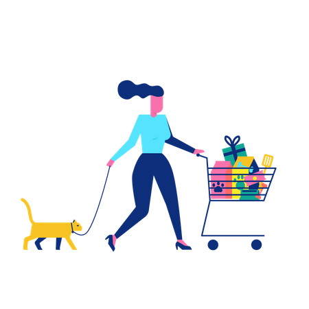 Woohoo Shopping Character con gato y accesorios para mascotas en carrito  Ilustración