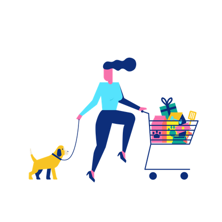 Woohoo Shopping Character con perro y accesorios para mascotas en carrito  Ilustración