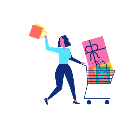 Woohoo Shopping Caractère avec des cadeaux et des cadeaux dans le panier  Illustration