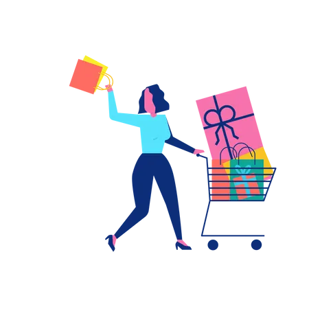 Woohoo Shopping Caractère avec des cadeaux et des cadeaux dans le panier  Illustration