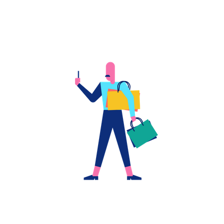 Woohoo Shopping Character avec des sacs à provisions et un smartphone  Illustration