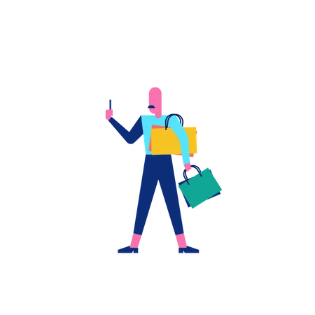 Woohoo Shopping Character avec des sacs à provisions et un smartphone  Illustration