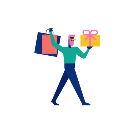 Woohoo Shopping Character boy holding gift boxes and shopping bags  Illustration
