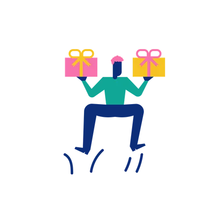 Woohoo Shopping Character boy holding gift boxes or presents  Illustration