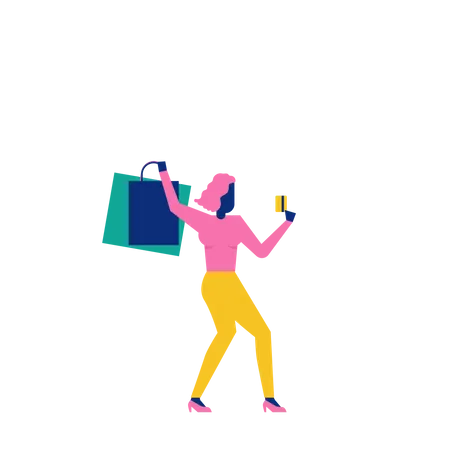 Woohoo Shopping Character lady holding credit card and shoping bags  Illustration