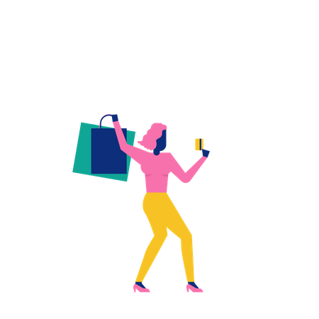 Woohoo Shopping Character lady holding credit card and shoping bags  Illustration