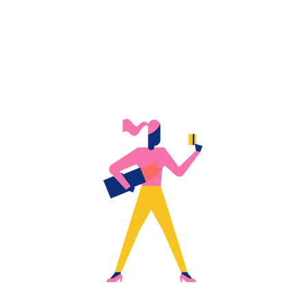 Woohoo Shopping Character lady with holding lipstick and credit or debit card  Illustration