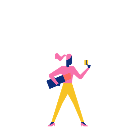 Woohoo Shopping Character lady with holding lipstick and credit or debit card  Illustration