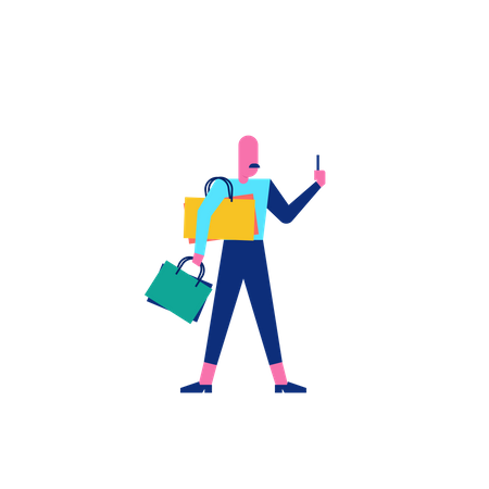 Woohoo Shopping Character person holding shopping bags and taking selfie Illustration
