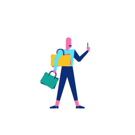 Woohoo Shopping Character person holding shopping bags and taking selfie  Illustration