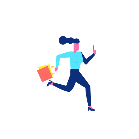 Woohoo Shopping Character running with holding smartphone and shopping bags  Illustration