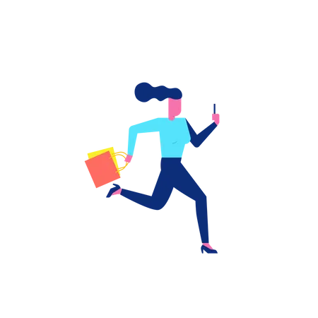 Woohoo Shopping Character running with holding smartphone and shopping bags  Illustration