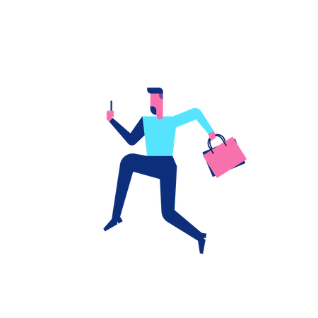 Woohoo Shopping Character running with shopping bags and smartphone Illustration