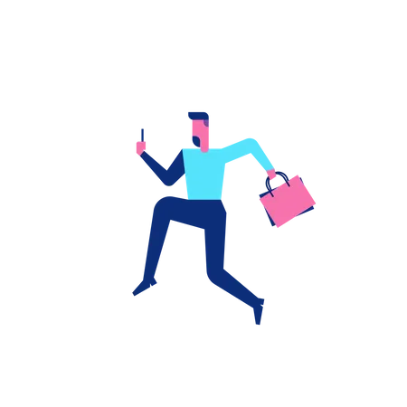 Woohoo Shopping Character running with shopping bags and smartphone  Illustration