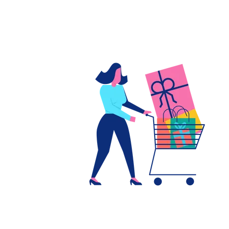 Woohoo Shopping Character with gift boxes and presents in trolley  Illustration