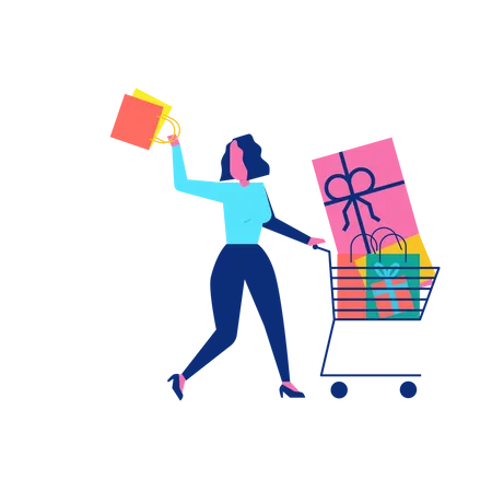 Woohoo Shopping Character with gifts and presents in shopping cart  Illustration