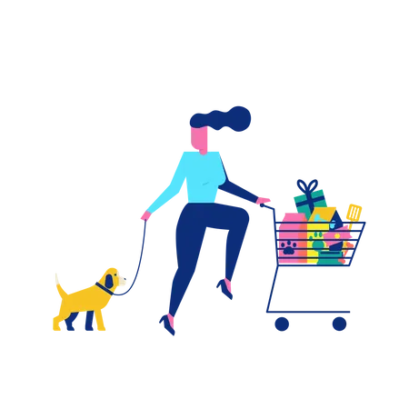Woohoo Shopping Character with pet dog and pet accessories in trolley Illustration