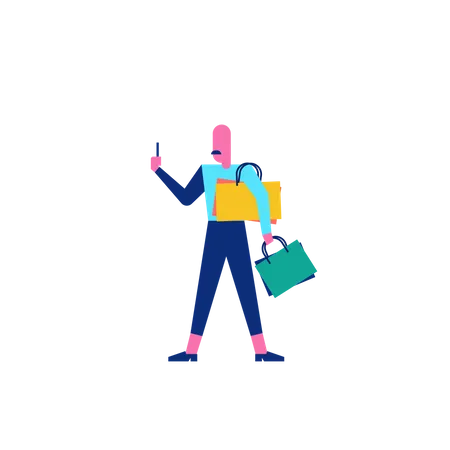 Woohoo Shopping Character with shopping bags and smartphone  Illustration