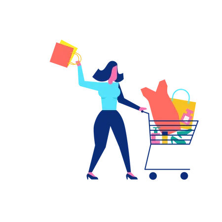 Woohoo Shopping Character with woman accessories in trolley  Illustration