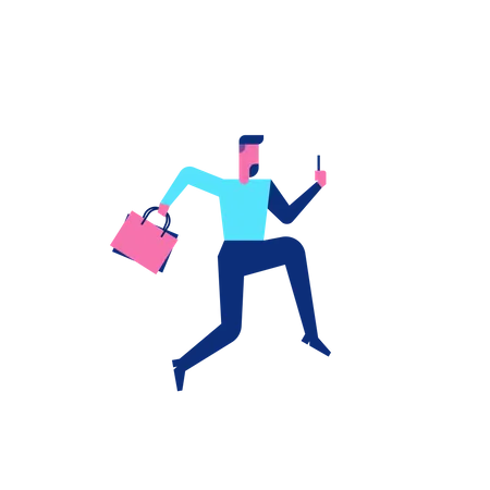 Woohoo Shopping Characterperson running while holding mobile  Illustration