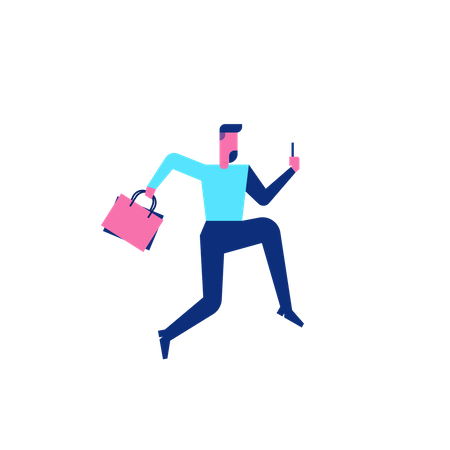 Woohoo Shopping Characterperson running while holding mobile  Illustration