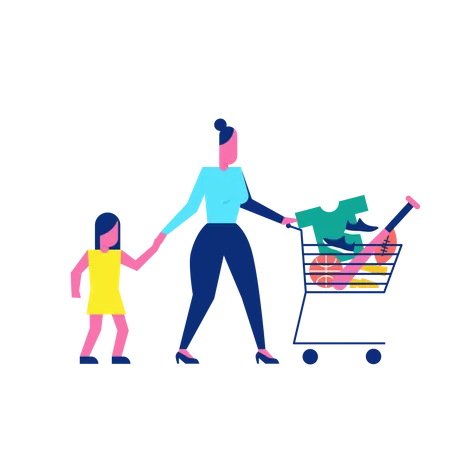 Woohoo Shopping Characters lady with her daughter and sports game things in trolley  Illustration