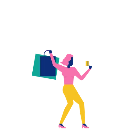 Woohoo Shopping Charakter Dame mit Kreditkarte und Einkaufstüten  Illustration