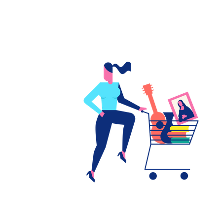 Woohoo Shopping Charakter Frau mit Gitarre und Gemälden im Einkaufswagen  Illustration