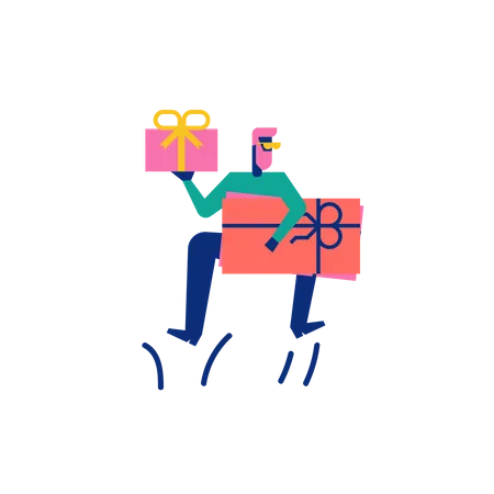Woohoo Shopping Charakter Junge hält Geschenkgutscheine und Geschenkbox  Illustration