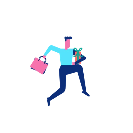 Woohoo Shopping Charakter Mann läuft mit Einkaufstüten und Geschenk-Box  Illustration