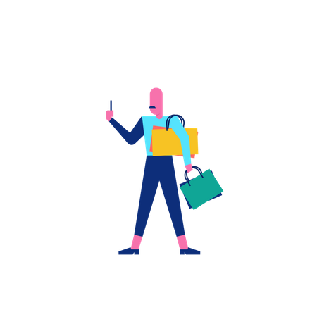 Woohoo Shopping-Figur mit Einkaufstüten und Smartphone  Illustration