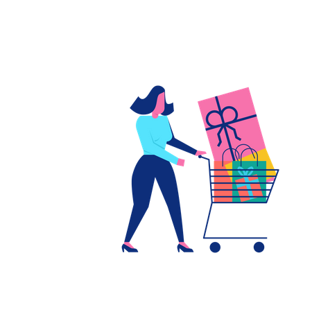 Woohoo-Shopping-Figur mit Geschenkboxen und Geschenken im Einkaufswagen  Illustration