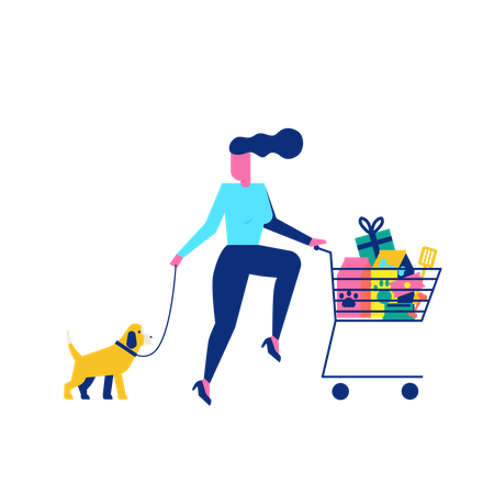 Woohoo-Shopping-Figur mit Hund und Haustierzubehör im Einkaufswagen  Illustration