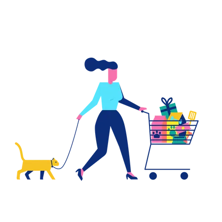 Woohoo Shopping Personnage avec chat et accessoires pour animaux de compagnie dans un chariot  Illustration