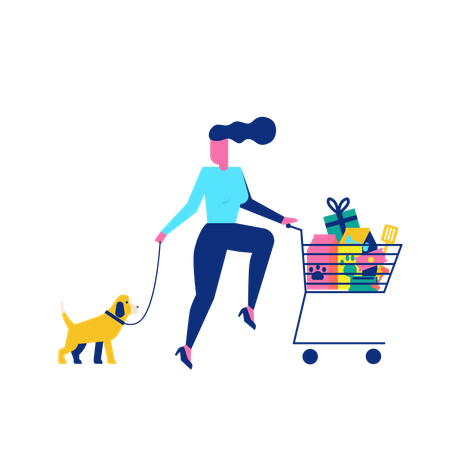 Woohoo Shopping Personnage avec chien et accessoires pour animaux de compagnie dans un chariot  Illustration