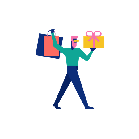 Woohoo Shopping Character boy tenant des coffrets cadeaux et des sacs à provisions  Illustration