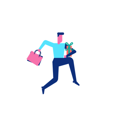 Woohoo Shopping Character homme courant avec des sacs à provisions et une boîte-cadeau  Illustration