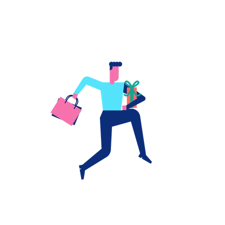 Woohoo Shopping Character homme courant avec des sacs à provisions et une boîte-cadeau  Illustration