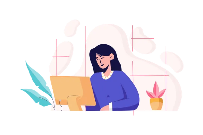 Lady Working Remotely In Compute At Home Illustration