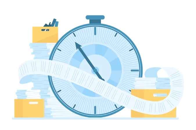 Pressure Of Paperwork And Deadline Vector Illustration Cartoon Isolated Big Timer And Long Endless Scroll Of Paper From Office Boxes With Documents And Tax Forms Bureaucracy And Time Management Illustration