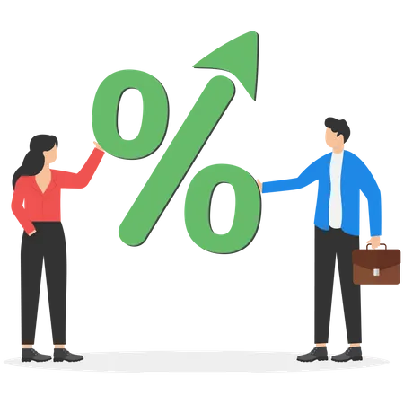 Work Efficiency To Grow Percentage Of Business Profit Cooperation And Motivation For More Success Concept Businessman And Businesswoman Helping To Hold Percent Up Arrow Symbol Illustration