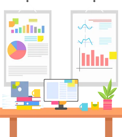 Work Environment With Graphics Or Chart On Walls Wooden Table Computer Screen Indoor Plant Pile Of Folders And Documents Vector Illustration 일러스트레이션