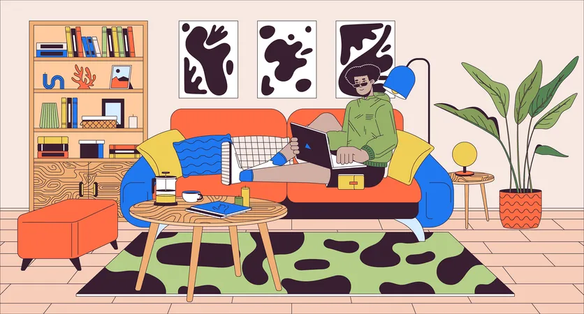 Work Everywhere Cartoon Flat Illustration Cozy Workspace Hispanic Man With Laptop Lying On Sofa 2 D Line Character Colorful Background Home Office Benefits Scene Vector Storytelling Image Illustration