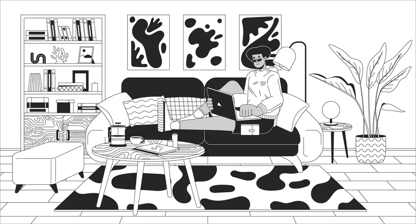 Work Everywhere Black And White Line Illustration Cozy Workspace Hispanic Man With Laptop Lying On Sofa 2 D Character Monochrome Background Home Office Benefits Outline Scene Vector Image Illustration
