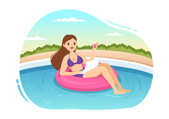 Work From Swimming Pool  Illustration