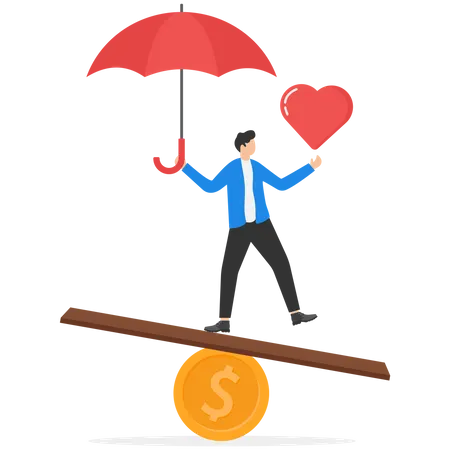 Work Life Balance Balancing Between Career To Make Money And Personal Life To Enjoy With Yourself Or Family Concept Success Businessman Meditate On Seesaw Balance With Money And Heart Symbol Illustration