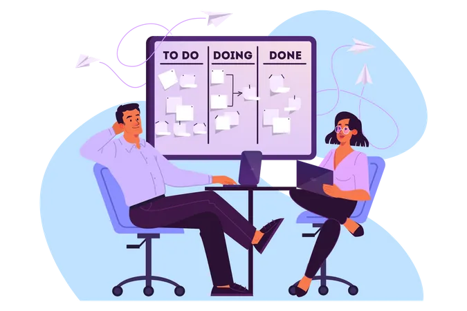 Vector Illustration Of People Plan Their Schedule Priority Task And Checking An Agenda Woman And Man Sitting On Chair Working On Their Laptop An Idea Of Kanban Board Time Management 일러스트레이션